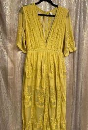 Wishlist Mustard Yellow Lace Boho Embroidered Romper Dress Small