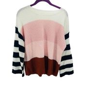 Women's Striped Sweater Long Sleeve Pullover Knitted Rib Lounge Pink Size Small