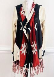 LUSH Black Red & Tan Southwestern Aztec Style Long Fringe Cardigan Sweater ~ M/L