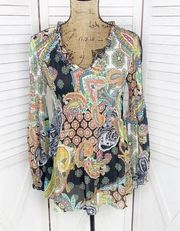 Allison Taylor Paisley Chiffon Pleated Fit Flare Tunic Blouse Medium