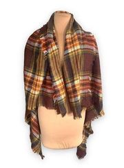 Blanket Scarf Brown Orange Yellow Plaid  Oversized Fringe Lightweight Essential