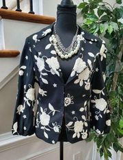 Peck & Peck Womens Black Floral Linen Long Sleeve Fitted Casual Blazer Size 14