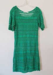 Solitaire Cotton Green Crocheted Dress Short Sleeve Knee-length Sz Small