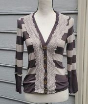 Pleione | Anthropologie V-Neck Striped 3/4 Sleeve Cardigan with Lace Accent