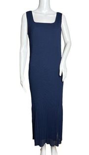 Vivienne Tam Maxi Dress Blue Micro Pleated Shift Dress Sleeveless Scoop Neck