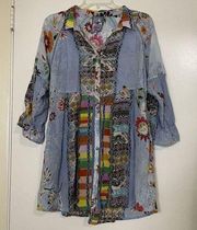NWOT JOHNNY WAS Floral multicolor Collared tunic silk blouse size Small