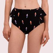 Kate Spade Women's Black Flock Party Parrot High Waist Bikini Brief Bottom sz XL