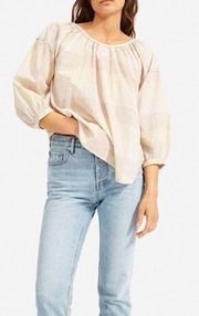 Everlane Ruched Air Peasant Blouse Top 12 Oversized Toffee Plaid Boho Keyhole