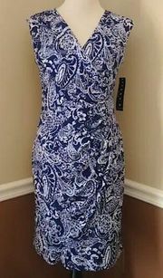 NEW Tiana B Navy Blue & White Paisley Gathered Wrap-Style Modcloth Dress Size 6