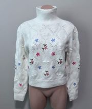 Francesca's Mi Ami  White Sweater Embroidered Flowers Turtleneck Large