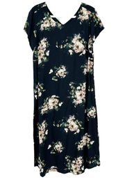 J. Jill Womens Beachy Vacation Floral Printed V-Neck Midi Dress Size L Black