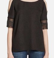 🦋 Cooper & Ella Black Fringe Sleeve Cold Shoulder Top Snake Embossed Blouse