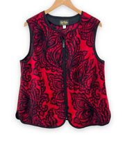 Bob Mackie red floral paisley fleece full zip vest pockets
