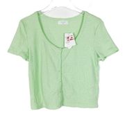 NWT Elodie Waffle Knit Short Sleeve Scoop Neck Button-Up Crop Top Green Size XL