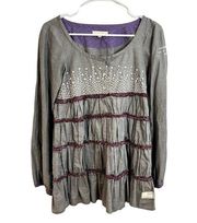 Odd Molly Scandinavian Swedish Embroidered Blouse Womens Size 1 Gray Purple