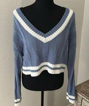 Blue & white varsity v neck cable knit crop top sweater