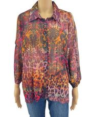 Bongo 3X Womens Orange Pink Sheer Floral Leopard Lace Back Top Blouse Shirt