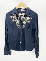 Denim & Supply RL Women's Navy Blue Embroidered Pearl Snap Button Down Medium