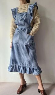 Vintage cotton blue striped ruffle romper dress with pockets size 42-46L Swedish