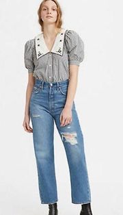 NWT Levis Ribcage Medium Wash Distressed Denim Straight Ankle Jeans