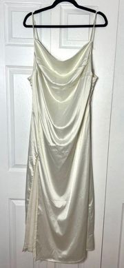 Finesse Cream Off White Piper Thigh Slit Cowl Neck Satin Midi Dress Size 1X