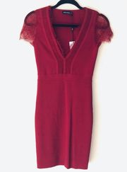 Karen Millen Lace Detail Knitted Dress Mini Bodycon Burgundy Women's Size S