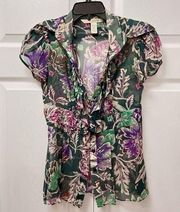 Diane Von Furstenberg Size 2 Green Floral Silk Short Sleeve Button Down Top DVF