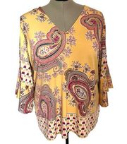 MELISSA PAIGE Woman Flutter Sleeve Popover Womens Top Sz 3X Yellow Paisley VNeck