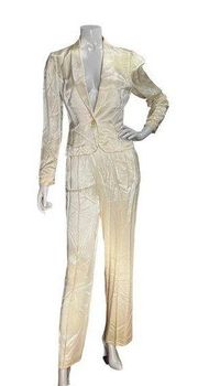 Vintage 70s Union label MJ Womens Ivory Silk Blazer 2 piece pant suit  Size 7