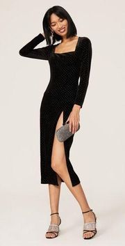 Saylor Cecilie Black Studded Velvet Long Sleeve Square Neck Midi Dress Size S