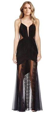 Shona Joy Arabesque Black Lace Cut Out Plunge Maxi Dress Gown Size 4