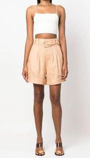 Farm Rio Women's Beige High Waisted Belted Tailored Linen Shorts Pockets L NWT