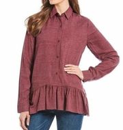 NEW WESTBOUND Plus Size Peplum Tunic Button Down Purple Red Long Sleeve Blouse