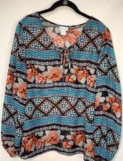 Wet Seal Women's Floral V Neck Tie Balloon Sleeve Blouse Multicolor Size 1X