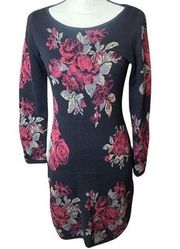 Monsoon Black Red Floral Roses Sweater Bodycon Dress Sz XS/S