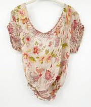 Rampage Womens Y2K Vintage Boho Floral Print Tie Front Blouse Size L Pink Cream