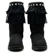 UGG & JIMMY CHOO Black Suede Sheepskin "SORA" Fringed Winter EUC