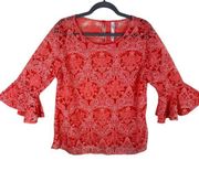 NY Collection Coral Sheer 3/4 Ruffled Sleeve Lightweight Stretchy Blouse Size XL