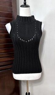 Nicole Miller Womens Sweater Black 100% Wool Sleeveless High Neck Ribbed M