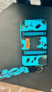 All-over Cow Print Wallet Clutch With Strap In Blue