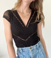 90s / Y2K Wrapper Black Sheer Double Layered Lace Short Sleeve Top