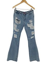 Y2k Edikted Flared Ripped Jeans Light Wash Denim Raw Hem Waist Womens Medium