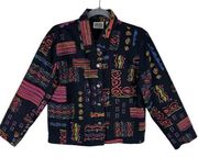 Chico's Funky Colorful Design Beaded Collared Button Up Cotton Jean Jacket M