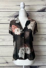 Evan-Picone Floral Sheer Short Sleeve Button Down Top