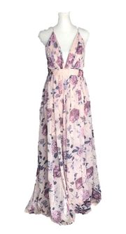 Peach Floral V-Neck Crisscross Backless Maxi Slip Dress