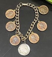 Vintage Penny 5 Cent Indian Head Buffalo & Nickel 1 Cent Coin 7” Charm Bracelet