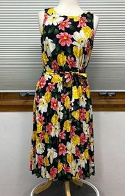 T Tahari Black Floral Print Sleeveless Pleated Belted Midi Dress Size Medium