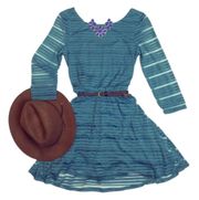 Lily Rose shadow striped teal green belted dress size small