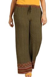 Umgee Women's Medium Green and Multicolor Patterned Wide Leg Drawstring Pants