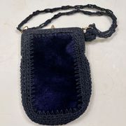 Vintage 1970s Blue Velvet Purse Handbag Crocheted Corde Trim Made In Italy